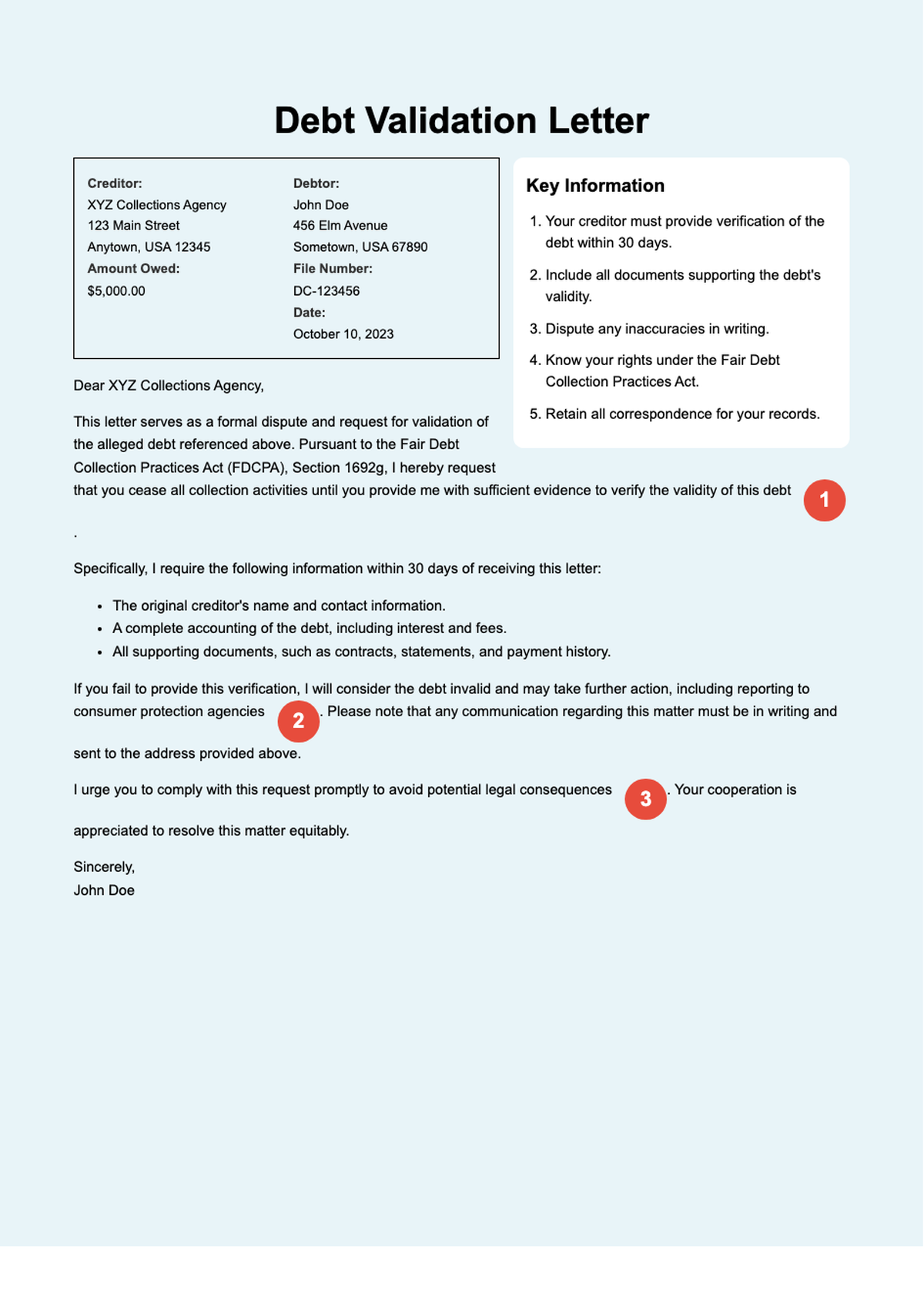 Debt validation sample letter with numbered sections and key explanations_variant_1